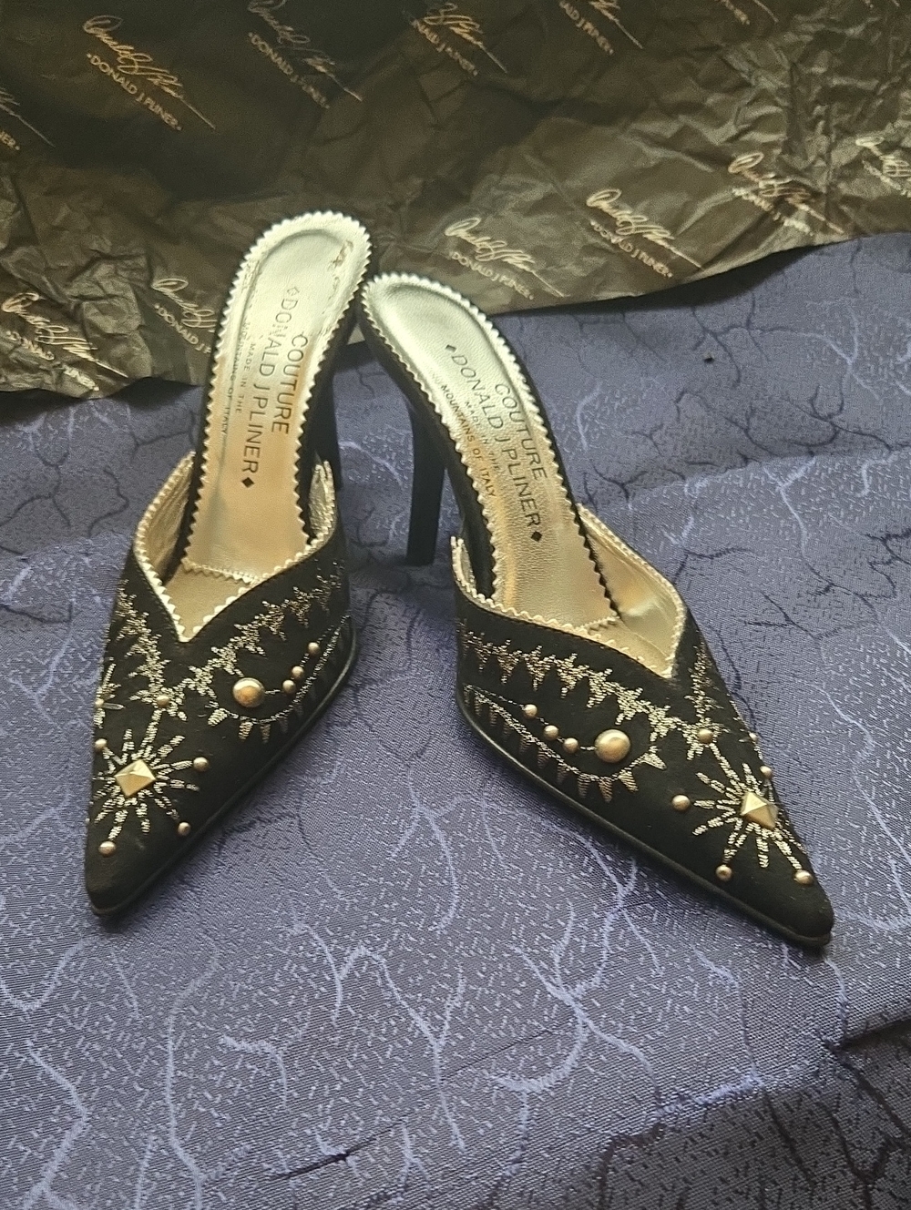 Donald J. PlinerCouture Black Embellished Pointed-Toe Stiletto Mules